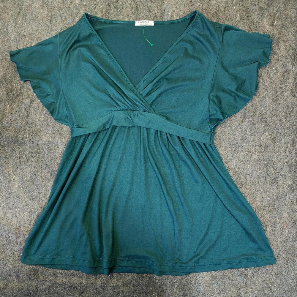 Ekouaer Emerald Green Empire Waist Flutter Sleeve V-Neck Peplum Blouse Medium